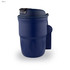 A navy double wall coffee mug featuring a lid and a handle. It has a smooth finish and a logo.