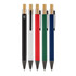 A collection of five metal pens in black, white, red, green, and blue, each with a bamboo accent and clip.