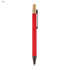 A red metal pen with a wooden clip and silver accents, featuring a logo on the barrel.
