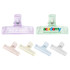 A set of translucent plastic clips in purple, green, yellow, and clear, featuring various logos and designs.