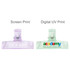 Translucent plastic clips in purple and green, featuring screen print and digital UV print designs.