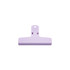 A purple plastic clip with a flat base and a hanging hole at the top. It includes a logo on the surface.