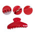 A red acetate hair clip with a glossy finish and a branding logo visible. Close-up views show its interior mechanism.