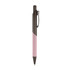 A metal pen with a pink barrel and a black clip, featuring a sleek design and a logo.