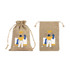 Two linen drawstring gift bags in natural colour, featuring illustrations in blue and yellow. One bag has a logo.