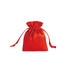 A red silk satin drawstring bag with tied closures at the top, featuring a smooth, shiny texture.