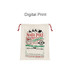 A cream drawstring bag featuring festive red and green prints, including a design for "North Pole Express" and Santa illustrations.