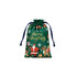 A green polyester drawstring gift bag featuring Christmas designs, including Santa, reindeer, and presents.