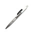 A silver ballpoint pen with a black grip and a logo. It features a classic design suitable for writing.