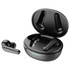 Black wireless earbuds in a charging case, one earbud outside the case, featuring a sleek design and logo.