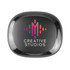 A black charging case for earbuds featuring a logo and colourful design elements.