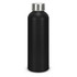 A drink bottle made of recycled aluminium, featuring a matte black finish and a stainless steel cap. It has a logo.