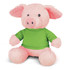 A pink plush pig toy wearing a green shirt, featuring soft ears and a friendly expression.