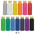 A drink bottle collection featuring various colours: silver, white, yellow, orange, pink, red, green, blue, navy, purple, and black, each with a gold lid.