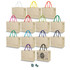 A collection of tote bags in various colours with contrasting handles, featuring a decorative bag in the centre.