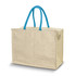 A beige cooler bag with blue handles, featuring a zip closure and an outer pocket. It has a simple design.