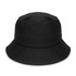 A black bucket hat with a simple design and an eyelet for ventilation, featuring a logo.