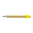 A bamboo pen with a shiny silver tip and a bright yellow grip. It features branding on the body.