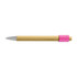 A bamboo spinner pen featuring a silver tip and a pink grip. It has a minimalistic design and a logo.