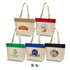 A set of five cotton cooler tote bags in beige, red, green, black, and brown with various logos.
