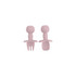 A pink silicone kids' cutlery set featuring a bear design, including a fork and a spoon. The set has a playful shape with grip handles.