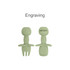 Two pieces of light green silicone cutlery for kids, featuring a fork and spoon design, with a branding logo.