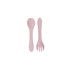 A pink silicone spoon and fork set for kids, featuring a smooth design and a slight curve, with a logo.