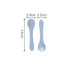 A light blue silicone spoon and fork set for kids, featuring rounded handles and specific dimensions.