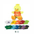 A yellow duck plush toy wearing an orange shirt, accompanied by various coloured t-shirts in multiple sizes and styles.
