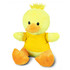 A yellow duck plush toy with an orange beak and feet, wearing a yellow shirt, featuring a logo on the shirt.
