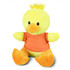 A yellow plush duck toy with an orange shirt and orange feet, featuring black eyes and a fluffy yellow tuft on top.