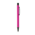 A pink metal pen with a black clip and tip, featuring a simple design and a logo on the barrel.
