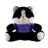 A plush cat toy with a black and white design, wearing a purple shirt and sitting upright. It has large, expressive eyes.