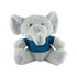 A grey elephant plush toy with large ears, wearing a blue shirt, sitting upright with a friendly expression.