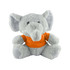 A grey elephant plush toy wearing an orange shirt, featuring large ears and a friendly expression.