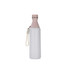A drink bottle in grey and pink, featuring a slim design with a stylish cap and a carry strap. It has a logo.