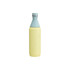 A drink bottle in pastel yellow with a light blue top, featuring a logo. It has a slim, double wall design.