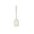 A white silicone spatula with a slotted head and a long handle, featuring a hanging hole.