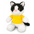 A black and white cat plush toy wearing a yellow shirt, featuring bright green eyes and soft fur.