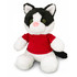 A plush toy cat with black and white fur, wearing a red shirt, featuring green eyes and a pink nose.