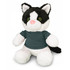 A plush black and white cat toy wearing a dark grey shirt, featuring large green eyes and a pink nose.
