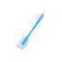 A blue silicone spatula with a white spatula head and a long handle, featuring a hole for hanging.
