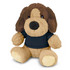 A brown and tan plush dog toy wearing a dark blue T-shirt, featuring soft textured fur and a friendly expression.