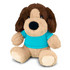 A plush dog toy with brown fur and a cream-coloured belly, wearing a bright blue shirt, sitting upright.
