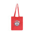 A red cotton tote bag with long handles and a logo featuring a baseball design.