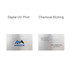 A stainless steel business card featuring a logo and information, with a sleek metallic finish.