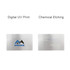 A stainless steel business card featuring a logo on one side and engraved details on the other side.