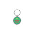 A round epoxy tag featuring a green background, with a metal keyring and a logo.