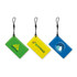 Three NFC epoxy square tags in green, yellow, and a third tag featuring a logo, all with a loop for attachment.