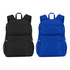 Two backpacks are displayed: one in black and one in blue, featuring multiple zippered pockets and mesh side pockets.
